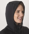 Person wearing EMF protective zipped hoodie with the hood on