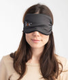 Woman wearing EMF blocking eye mask by Leblok