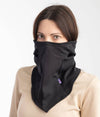 Woman partually covering her face with EMF protective balaclava from Leblok