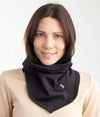 Woman covering her neck with EMF protective balaclava by Leblok