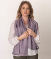 Leblok EMF shielding scarf in purple on a model  - medium size