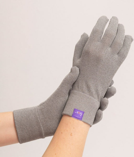 Leblok EMF protective gloves on hands - front and backk