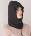 EMF protective hood Leblok in black displayed on a woman - with tightened adjustment cord