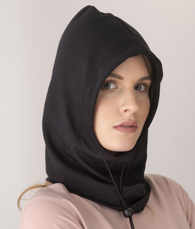  EMF protective hood Leblok in black displayed on a woman