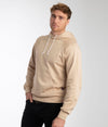 EMF protective pullover hoodie Leblok in beige on a man - side with hood down