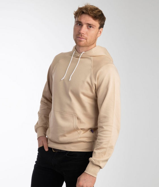 EMF protective pullover hoodie Leblok in beige on a man - side with hood down