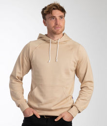  EMF protective pullover hoodie Leblok in beige on a man - front with hood down