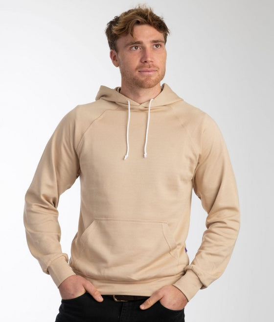 EMF protective pullover hoodie Leblok in beige on a man - front with hood down