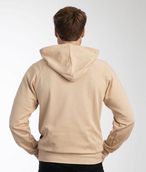 EMF protective pullover hoodie Leblok in beige on a man - back with hood down