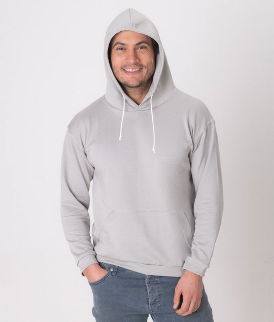 EMF protective pullover hoodie Leblok in grey on a man - front with hood on