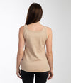 Back of beige Leblok EMF protective vest on a woman