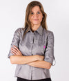 EMF protective womens shirt Leblok in grey on a model - front with rolled up sleeves