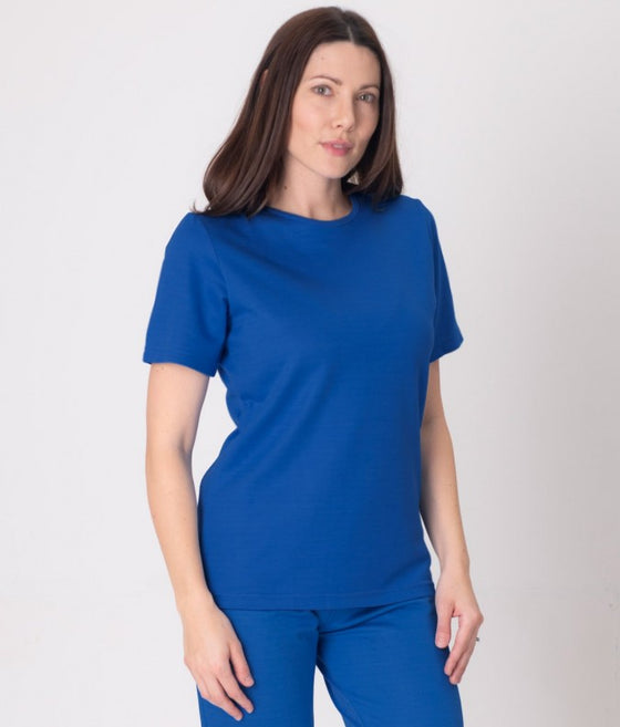 Leblok EMF reflective blue T-Shirt and Leggings on a woman