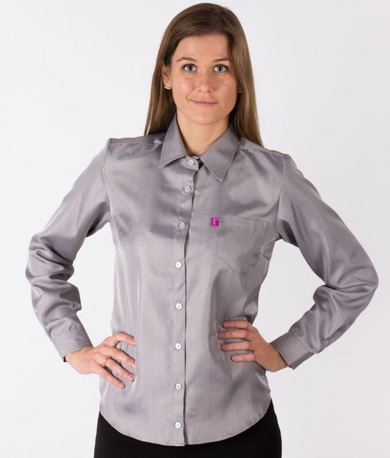 A woman wearing a long-sleeved grey EMF shirtfrom Leblok
