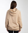 EMF hoodie by Leblok in beige on a woman - back with hood down