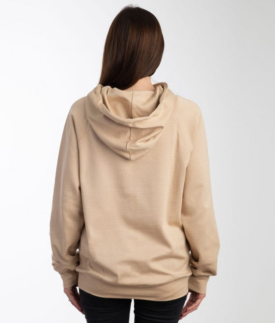 EMF hoodie by Leblok in beige on a woman - back with hood down