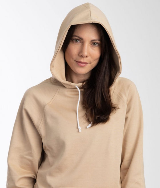 Leblok EMF hoodie pullover in beige on a model - hood up