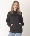 Leblok EMF protective pullover hoodie on a woman - hood down