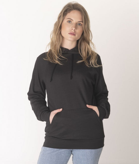 Leblok EMF protective pullover hoodie on a woman - hood down