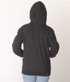 Leblok EMF hoodie pullover in black on a model with hood on - back