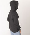 Leblok EMF hoodie on a model with hood on - side view