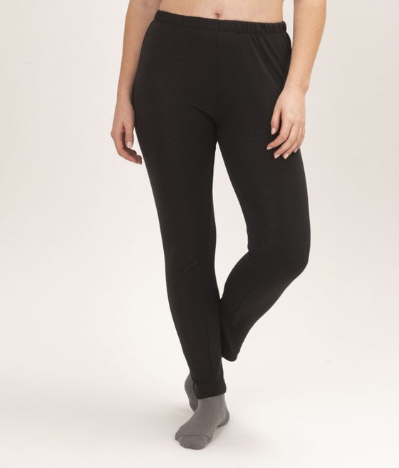 A pair of black EMF protective Leblok leggings made from stretch fabric, displayed on a model