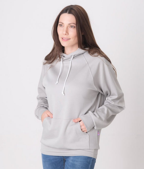 Leblok EMF protective hoodie in grey with hood down - front