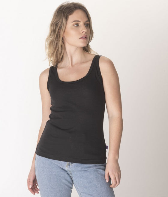 A woman wearing a black sleeveless EMF protective vest from Leblok