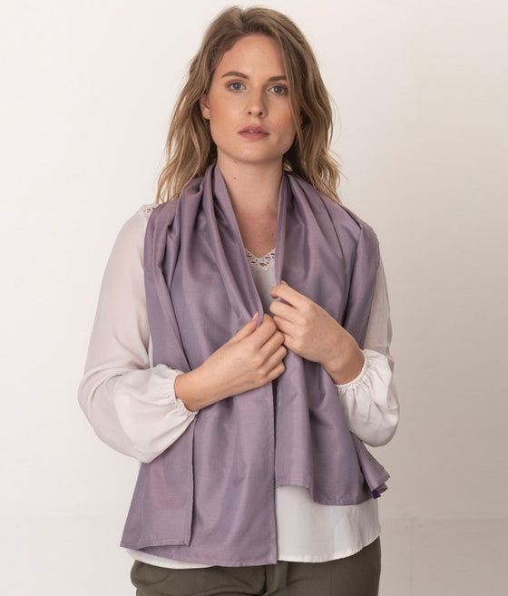 Leblok EMF shielding scarf in purple on a model  - medium size