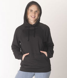  EMF shielding pullover hoodie in black from Leblok on a woman - front