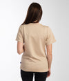 Back of beige EMF protective T-shirt Leblok on a woman